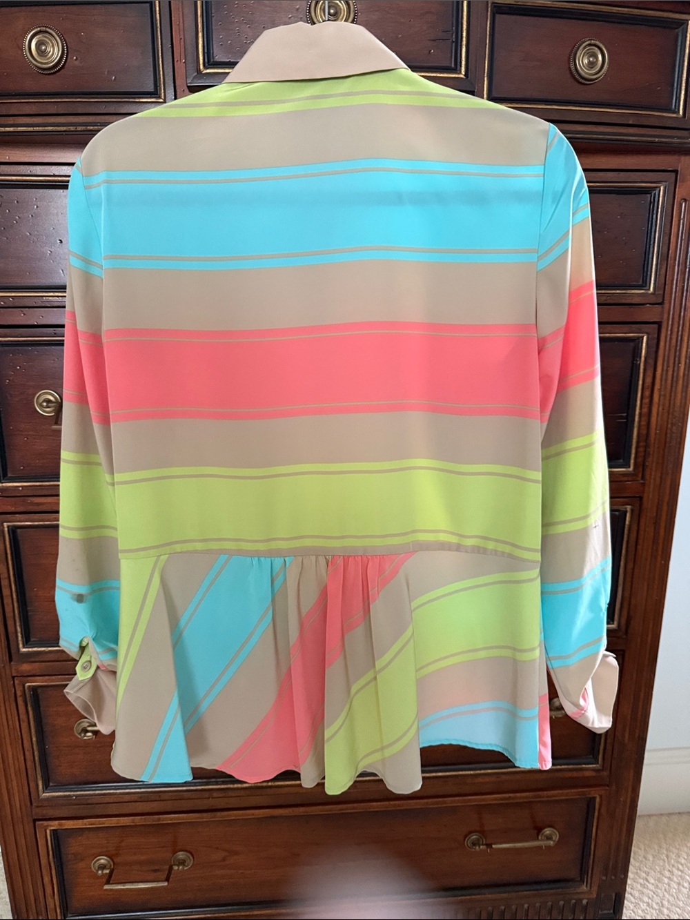 Style & Co. Beige Button-Down Shirt with Turquoise, Coral & Lime Stripes - Picture 2 of 3